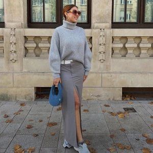 ZARA GRAY DOUBLE WAISTED SLIT FRONT MAXI SKIRT $89.90